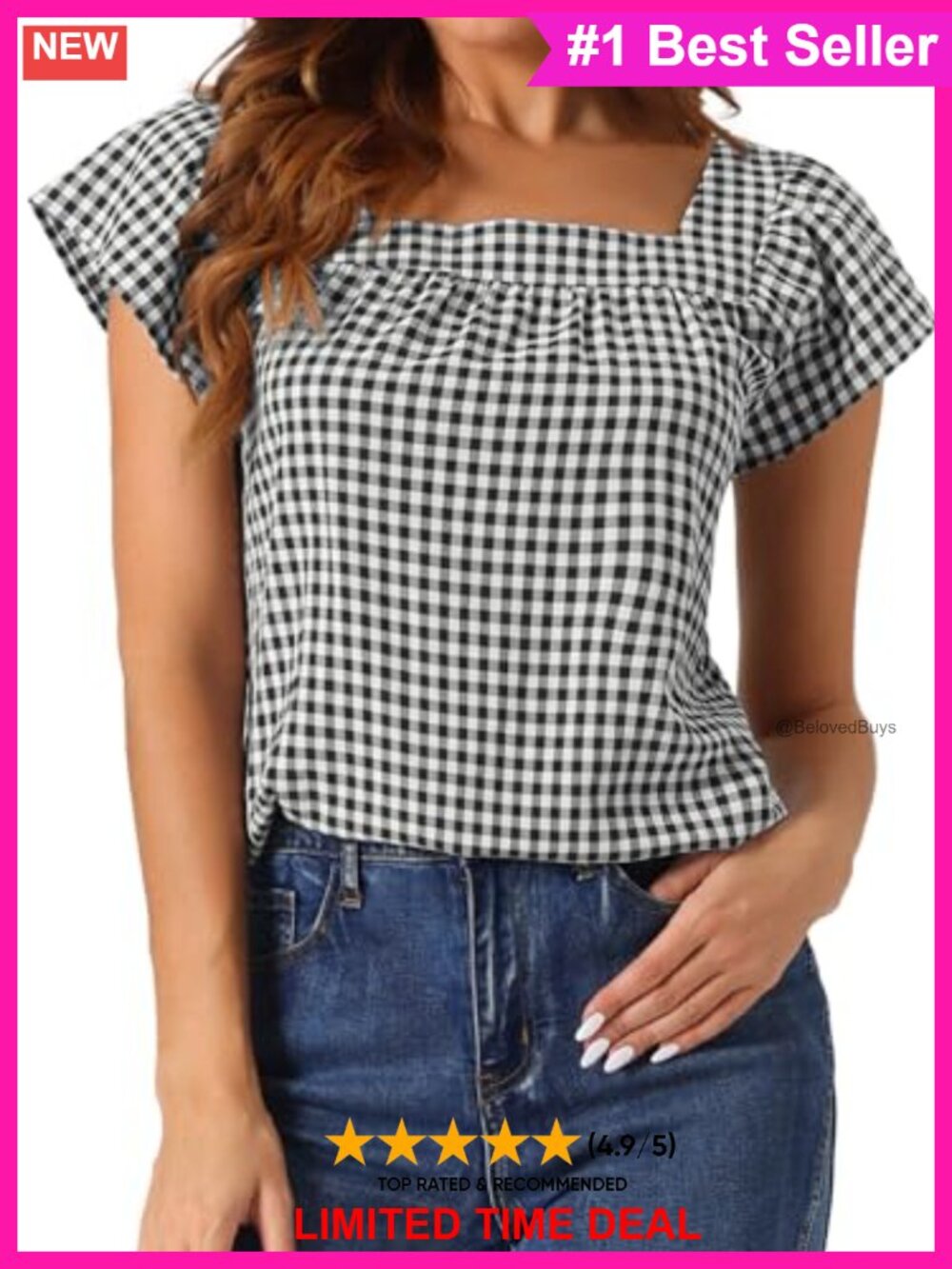 Cap Sleeve Square Neck Gingham Plaid Blouse Ruffle Trim